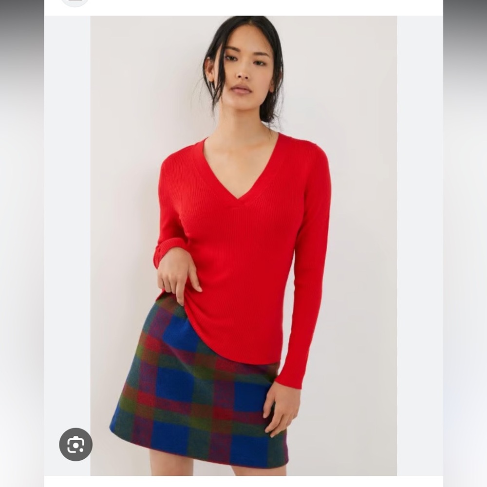 Anthropologie Thea Red Ribbed V-Neck Pullover Sweater